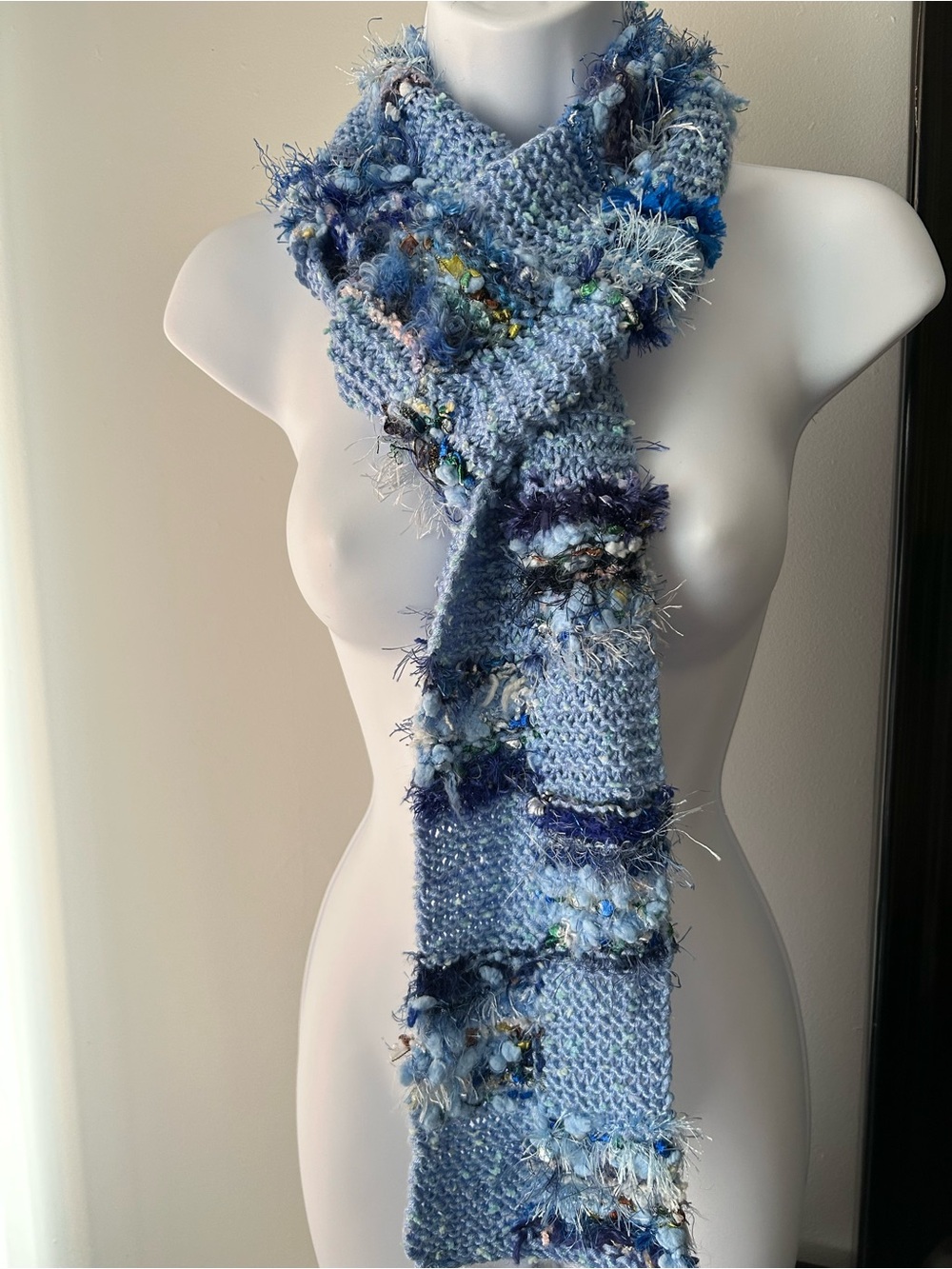 Light Blue Textured Knit Scarf with Multi-Tone Accents